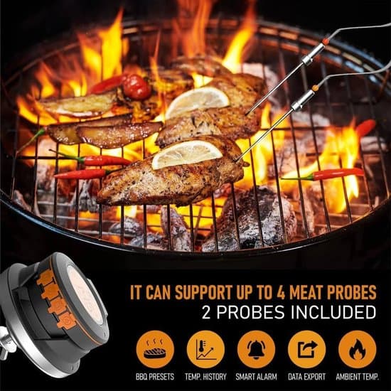Smart Köttermometer - Digital Kökstermometer - Perfekt Grillning - Appkontroll & Varningar - 4 Prober - Svart