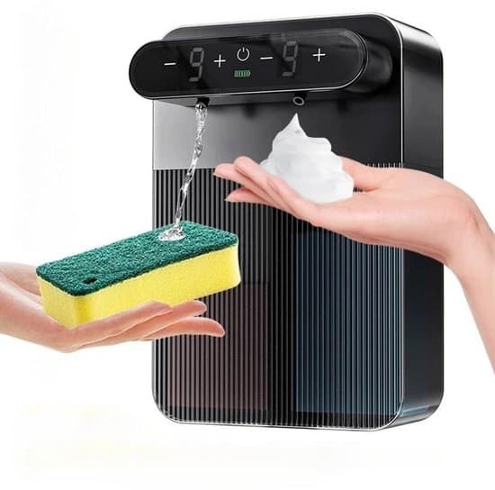 Opvaskemiddeldispenser - Sæbedispenser - 3000mAh - Vægmontering - 2x 400 ml - IPX6 vandtæt - Sort