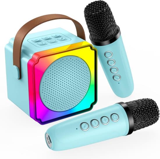 Mini Karaoke Maskine til Børn, Bluetooth Højttaler, 2 Mikrofoner, Blå