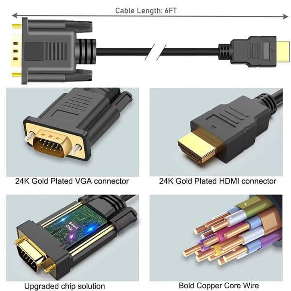 HDMI til VGA, 1,8 meter HDMI til VGA-kabel (han til han)