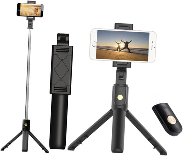 3-i-1 Selfiepinne, Utfällbart Bluetooth Mobiltelefonstativ
