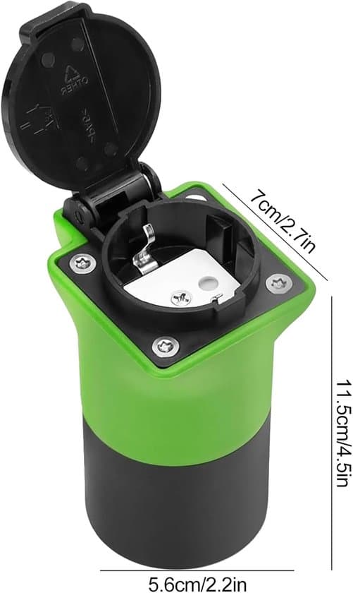 Grön vatten- och dammtät V2L Typ 2-Schuko-adapter 3.5kW 16A