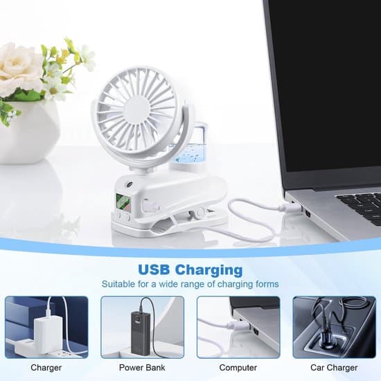 - Bordventilator med klips og 4 hastigheder, USB genopladelig