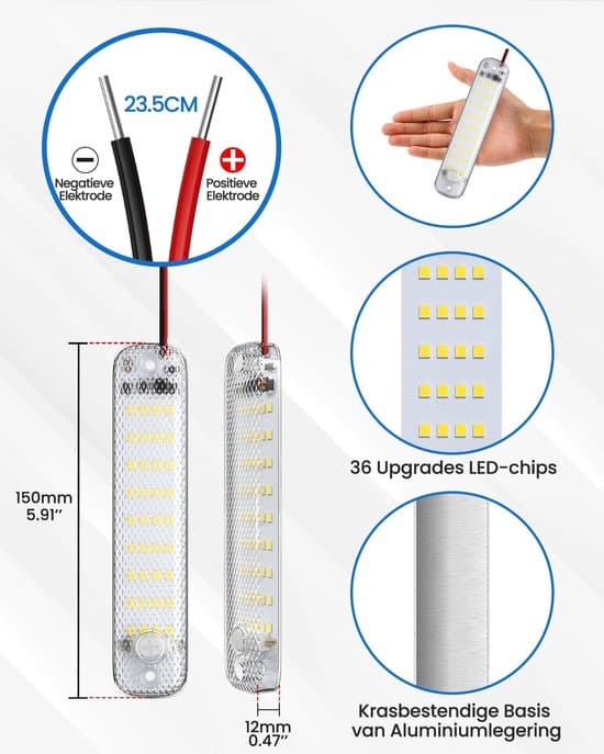12V LED interiörljuslist, 36 pärlor med strömbrytare, 6000K, 4-pack