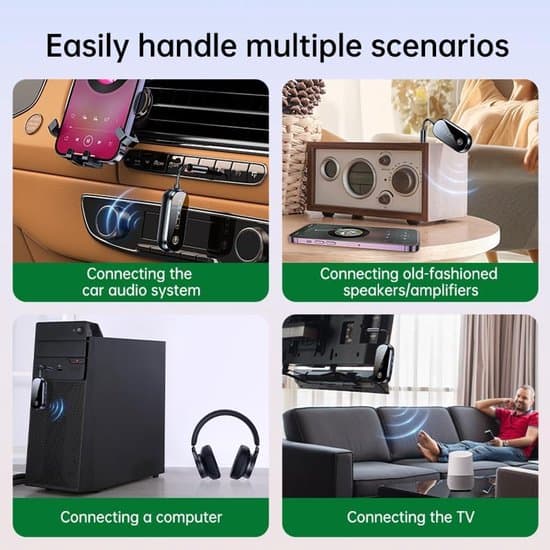 Bluetooth 5.4-adapter för flygplan/TV – 2-i-1 3,5 mm AUX-sändare – Stöder 2 AirPods – för PC, gym