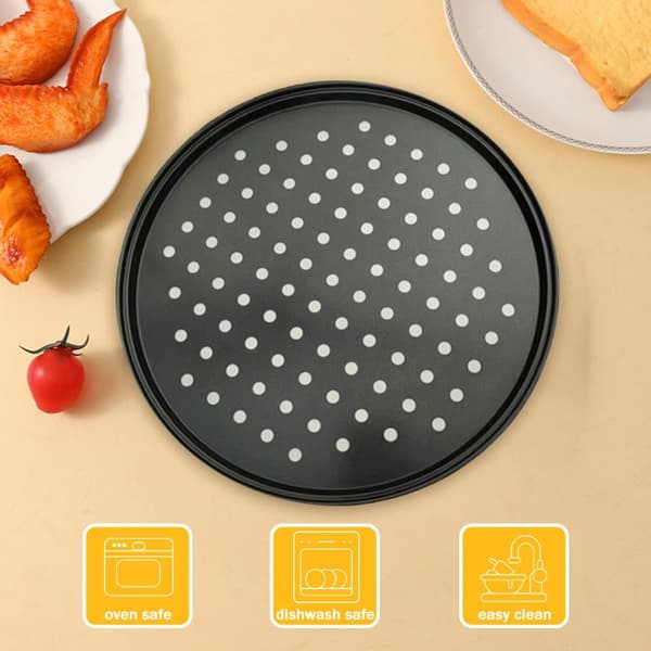 4 runde pizzapander - Pizzabagepander - Runde - Non-stick belægning - Grå perforeret