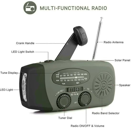 Grøn solcelle-nødradio, håndsving dynamo håndsving overlevelsesradio med batteristrøm til katastrofer