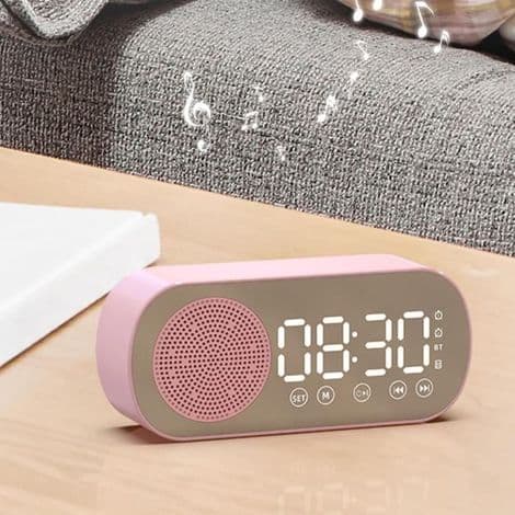 Bluetooth-högtalarklocka – multifunktionell spegel – rosa – kompakt – modern design