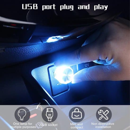 4 stk. bil omgivelseslys, USB LED stemningsbelysning til indretning (isblå)