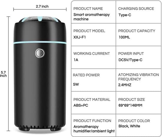 Mist Air Diffuser Bærbar Lille Luftfugter Bil Diffuser Luftfrisker Aroma Olie Diffuser Luftfugter Velegnet til Soveværelse Kontor Hjem (Sort)