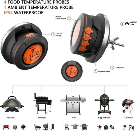 Digital grilltermometer, 4 skalor, Bluetooth-appanslutning