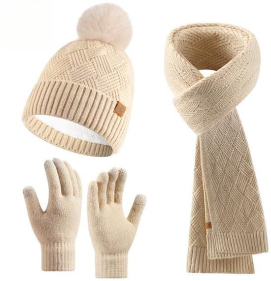 3-i-1 mössa, halsduk och handskar för kvinnor - Vinterpresent för kvinnor, mössa, fleecefoder och varm vintermössa - Beige