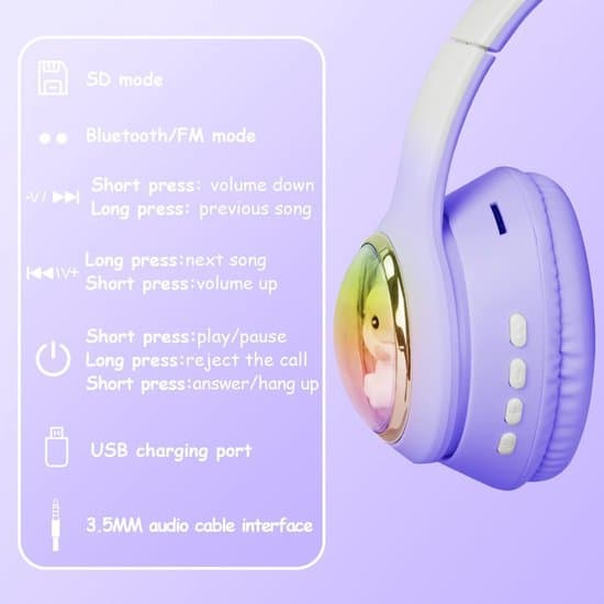 Børne Bluetooth 5.3 Katteøre LED Stereo Foldbare Trådløse Hovedtelefoner, Pink