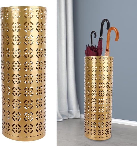 Paraplystativ i metal, stilfuldt rustfrit perforeret design, guld