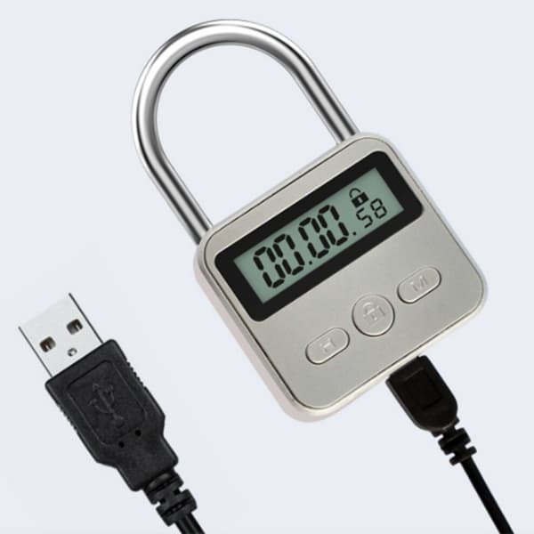 Ett metalltimerlås med LCD-display, multifunktionell elektronisk timer, maximal timer på 99 timmar, USB-uppladdningsbar, silver.