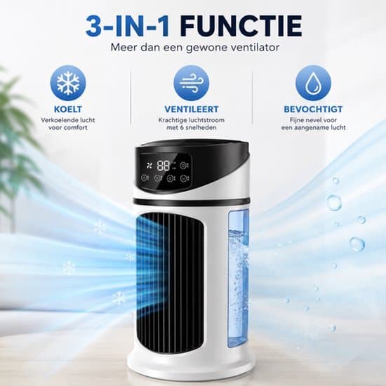 Luftkøler, bordventilator/mini AC, 6-trins ventilator, luftfugter