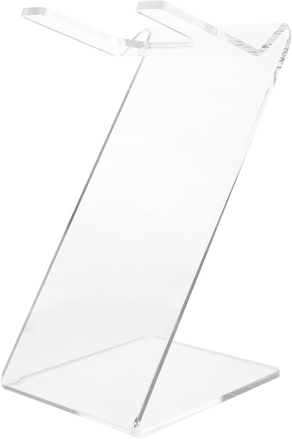 Transparent akrylhårtorkställ, kompakt och robust bordsdisplayställ.