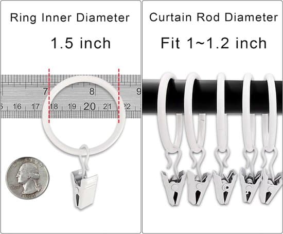 45-dele 3,8 cm hvide metalgardinringe med kraftige clips