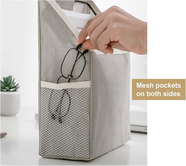 2-delat väggförvaringsväskset, korg i bomull och linne med krokar, grå/vit