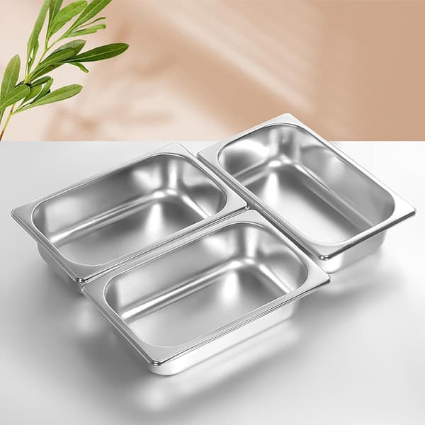 3-delt rektangulær bageplade i rustfrit stål med låg (32,5x17,5x6,5cm), madopbevaringsfade.