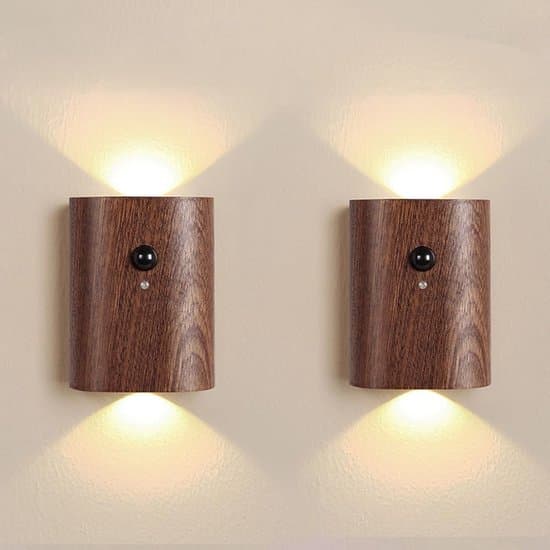 2-pack smarta sensor-trappbelysningar, uppladdningsbara, 2700K varmvitt ljus, valnötsträfärg, för hallar och sovrum