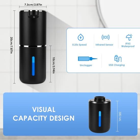 Automatisk sæbedispenser - elektrisk med sensor, skumsæbe, USB genopladelig, 4 indstillinger, vægmontering