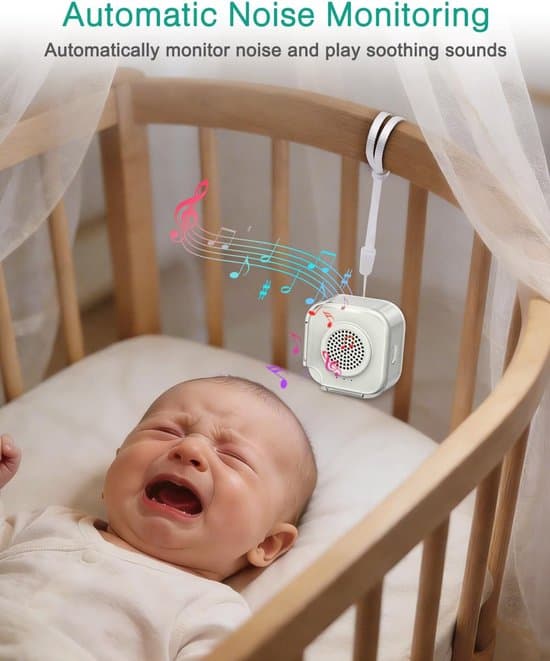 White noise machine with 28 sounds, noise detection, and portable Bluetooth