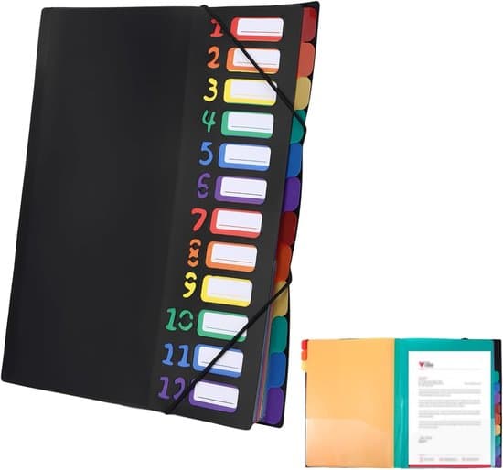Sort A4 dokumentmappe med 12 rum og et regnbueindeks.