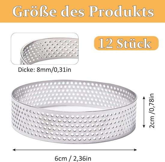 Mousse Tærteforme - 12-pak 6 cm perforerede ringe i rustfrit stål til bagning - 6 cm