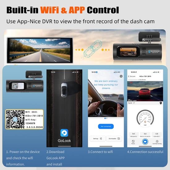 Bil Dashcam, 2K WiFi App-kontroll, Främre & Interiör Dashcam med 64GB SD-kort, 1.5\" Display, Stöder Parkeringsövervakning, G-Sensor, Loop-inspelning