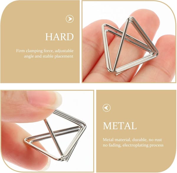 Et sæt med 20 sølvfarvede trekantede sticky note clips/noteholdere i metal