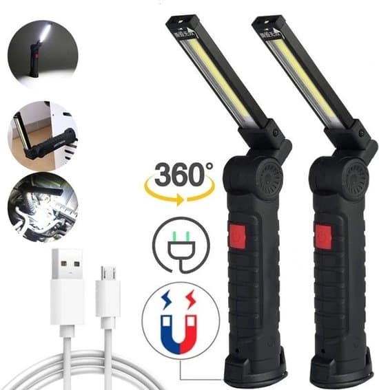 Genopladelig arbejdslampe - COB, magnetisk base, 5 indstillinger, sort (2 stk.)
