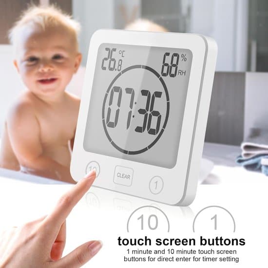 Vattentät badrumsduschklocka med sugkopp, hygrometer termometer nedräkning LCD, vit