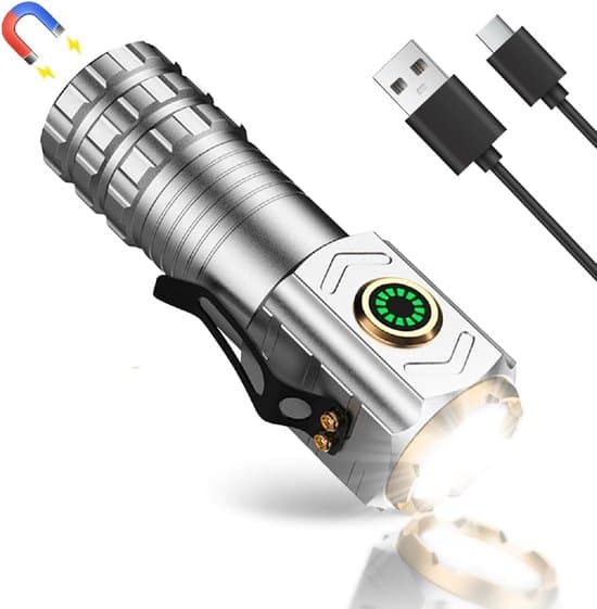 Kannettava taskulamppu - ladattava LED-taskulamppu - Taskulamppu - Magneettinen taskulamppu - Hopea