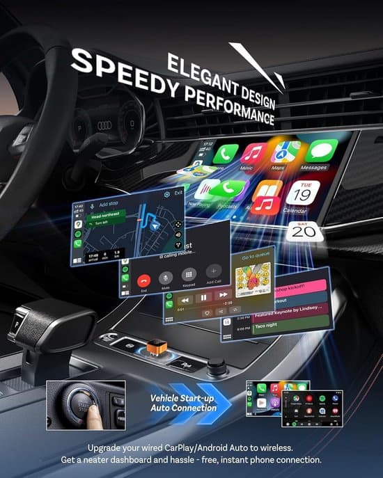 Mini trådløs CarPlay-adapter (2026) - Kablet til CarPlay & Android Auto, Plug & Play, til iPhone iOS 10+ og Android 11+