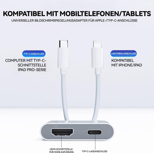 Dobbelt Lightning og Type-C til HDMI digital lyd-/video 1080P adapterkabel til iPhone og iPad