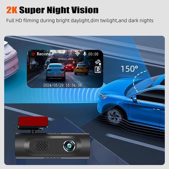 Bil Dashcam, 2K WiFi App-kontroll, Främre & Interiör Dashcam med 64GB SD-kort, 1.5\" Display, Stöder Parkeringsövervakning, G-Sensor, Loop-inspelning