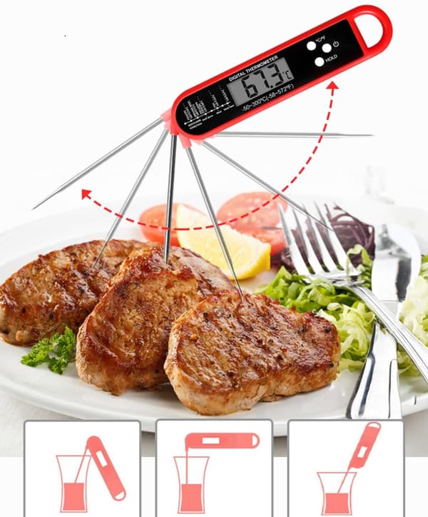 Digital kötttermometer för matlagning och grillning, vattentät köksmat LCD-termometer, vikbar - röd