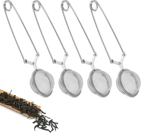 4-delt te-sæt i rustfrit stål (4,5 cm diameter) med te-si, tang og kugle.