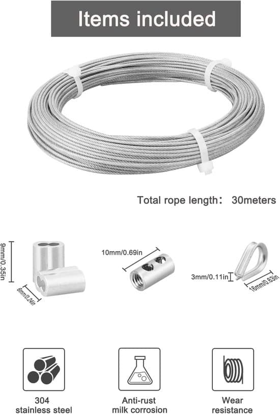 30 meter stålkabel, 2 mm PVC-belagt rustfri wire med M2-stik
