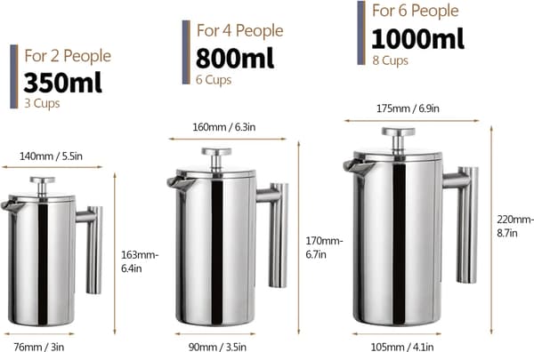 Kaffemaskine i rustfrit stål, isoleret tekande, stempelkande - 1000ml