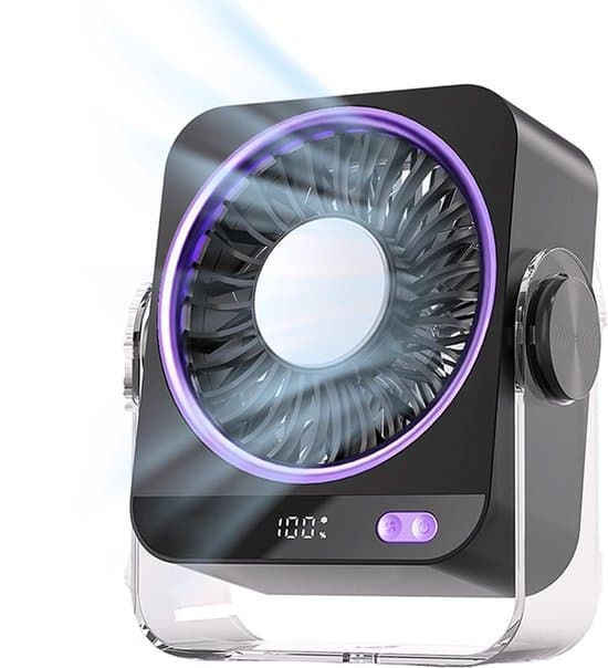 Bordventilator med køleelement, digital strømvisning, USB-luftkøler, lilla