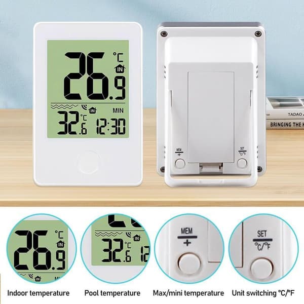 Flydende pooltermometer. Digitalt pooltermometer. Trådløst digitalt termometer med LCD-skærm. Indendørs/udendørs termometer med digital...