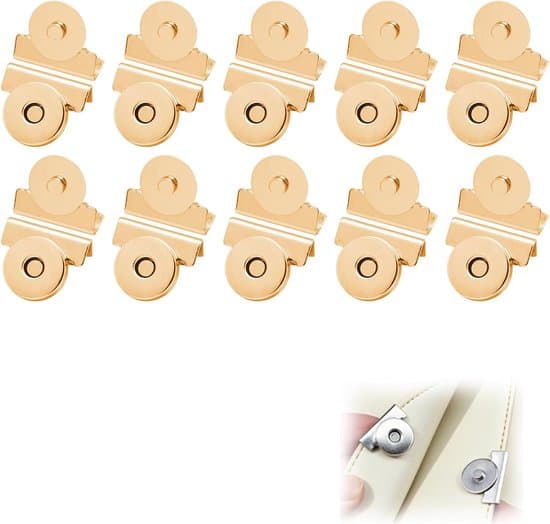 10 par magnetiska tryckknappar för väskor och tygväskor; sömlösa metalltryckknappar för väskor, kläder och hantverk (guld).