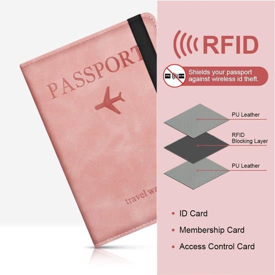 Pasomslag, PU-læder RFID-blokerende pasmappe til mænd og kvinder, klassisk (pink)