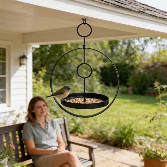 Fuglefoderbræt, udendørs fuglefoderbræt til haven, hængende model, metalfoderbræt med krog, foderstation til fugle, 30 x 40 x 20 cm, sort