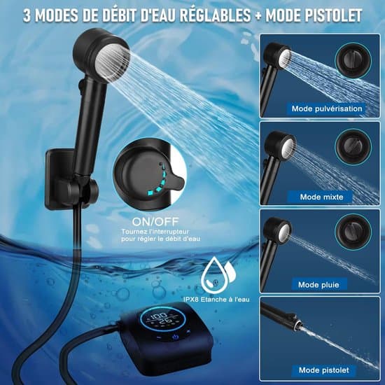 Campingduschset – Uppladdningsbar elektrisk pump, 4 inställningar, grå