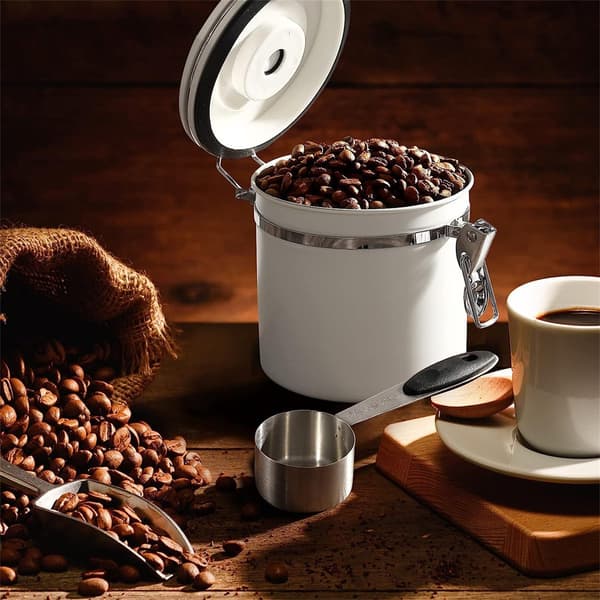 Kaffebönburk med envägsventil, 1,2L, vit, med sked