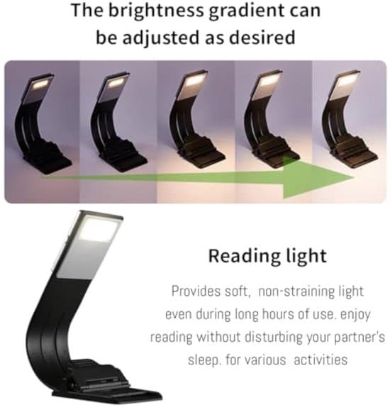 LED-læselampe, 360° rotation, USB-opladning, 3 lystilstande, sort, plastmateriale.