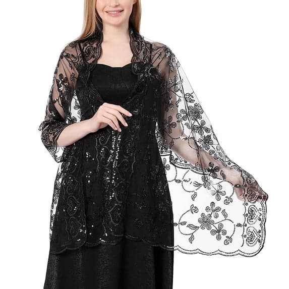 Dame Pailletblomstret Mesh Tyl Formel Aftensjal til Bryllupper (Sort)